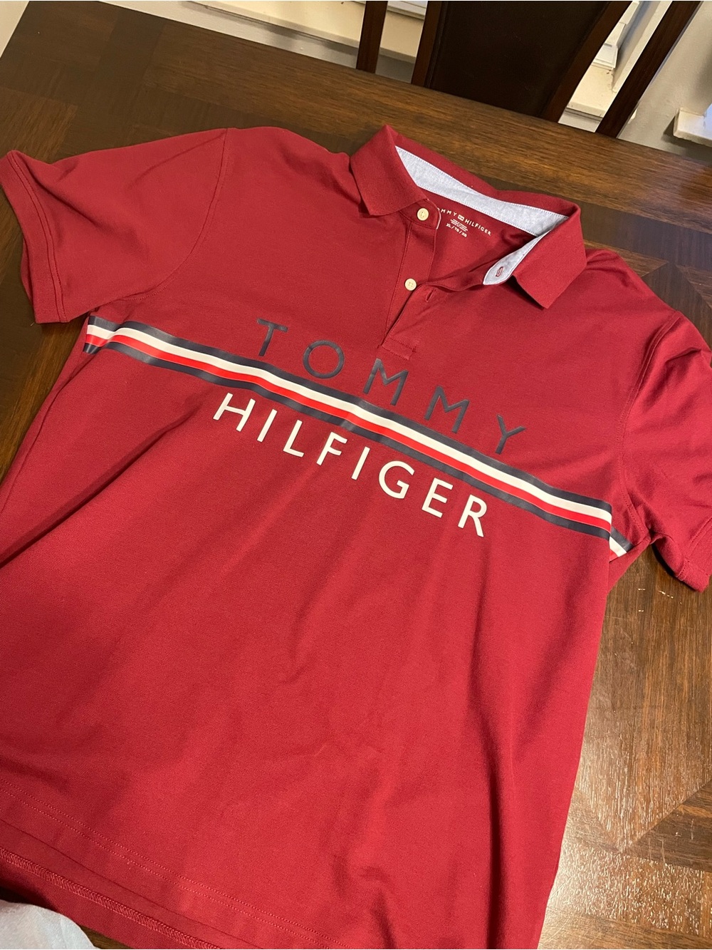 Tommy Hilfiger Red Polo with Navy & White Stripe Logo